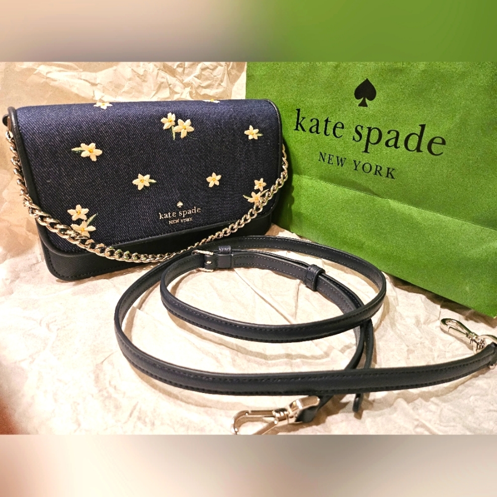 NEW KATE SPADE Madison Floral Embroidered Denim Small Flap Crossbody bag